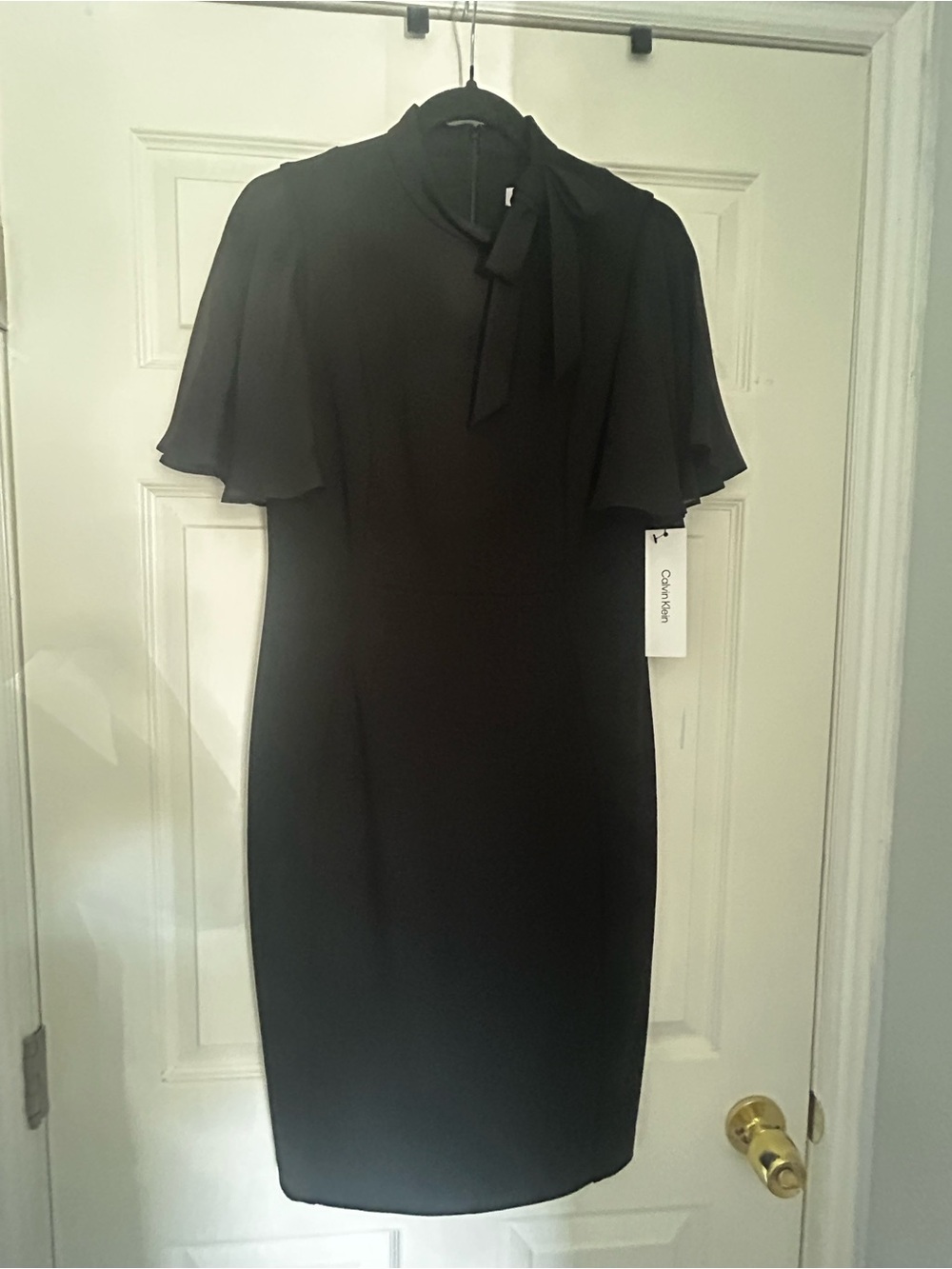 Calvin Klein Black Tie-Neck Flutter-Sleeve Midi Dress